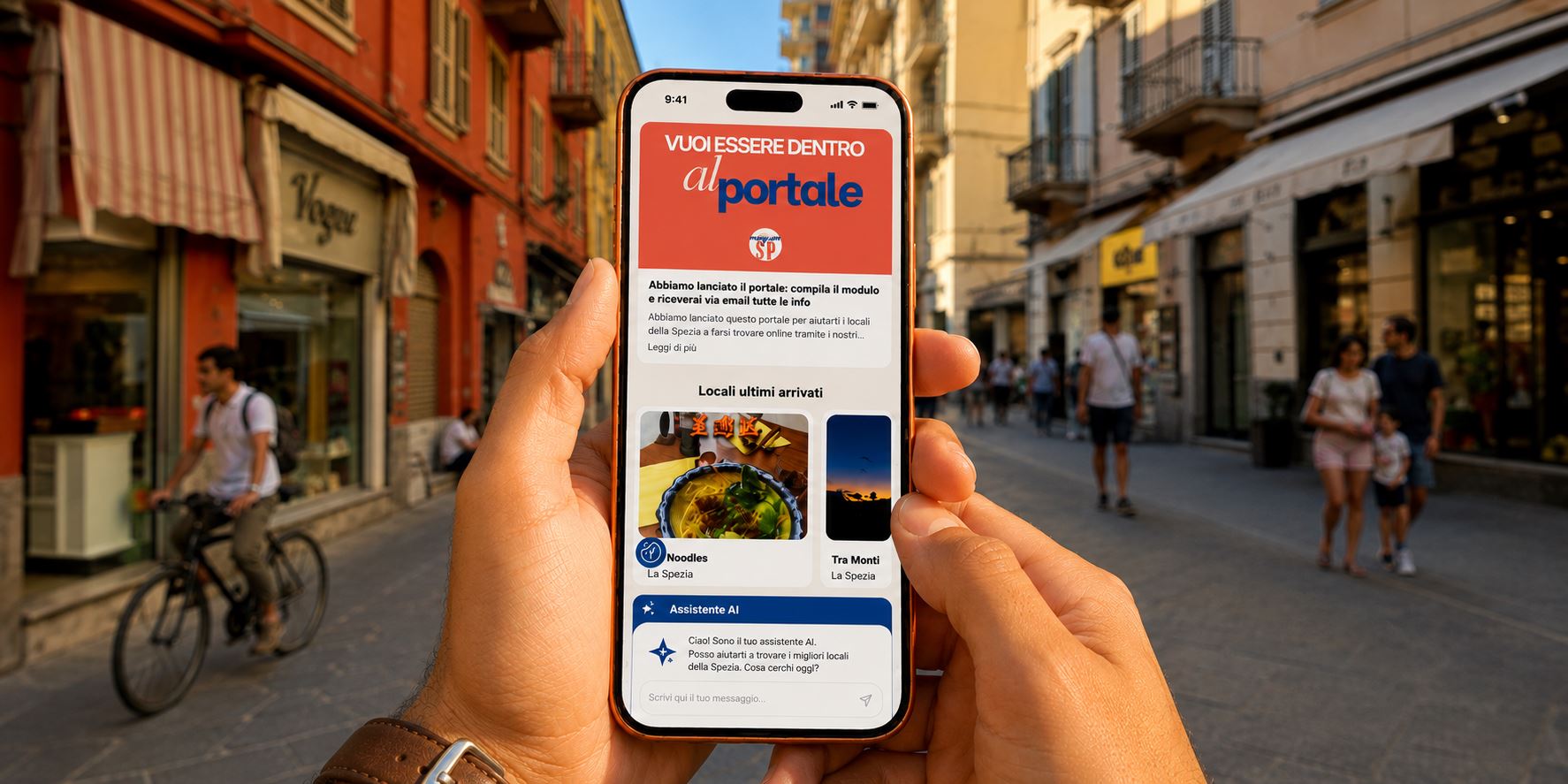 Portale Dove Mangiare La Spezia visualizzato da smartphone nel centro città