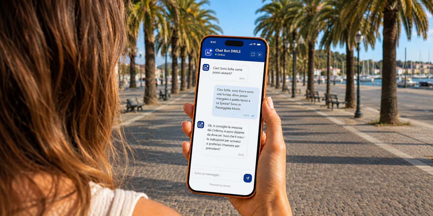 Persona sulla passeggiata di La Spezia che usa l'assistente AI DMLS per trovare dove mangiare