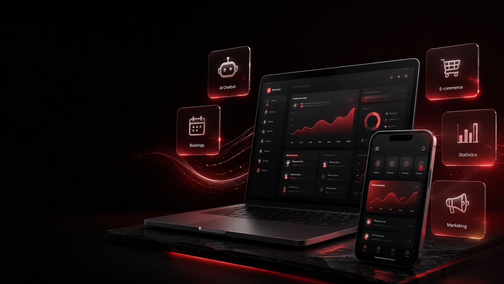 Ecosistema digitale Kainet con sito, app, AI, prenotazioni, e-commerce, statistiche e marketing